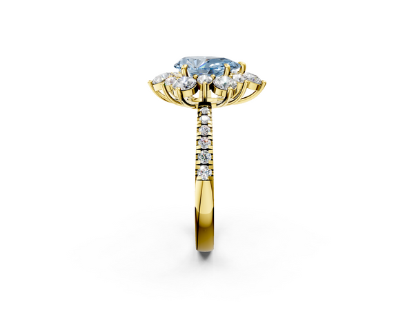 Yellow gold Fancy Blue Pear  Cut Diamond Floral Halo Pave Band with Prong Setting