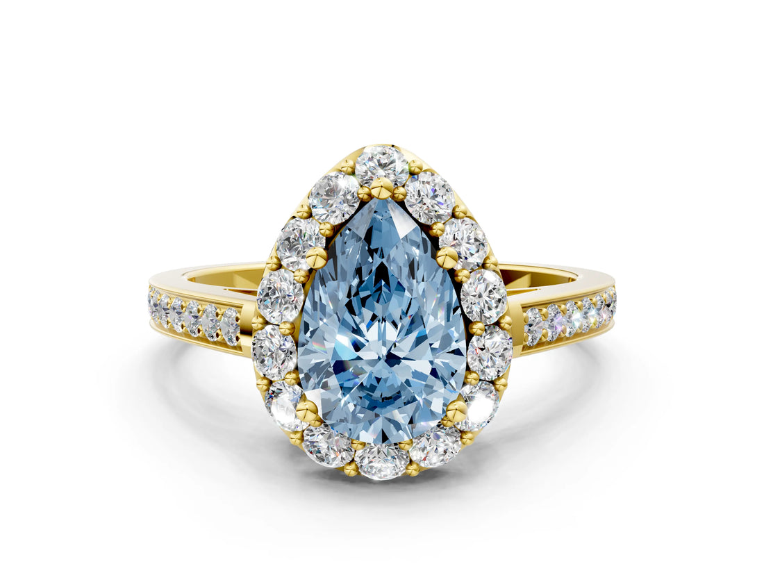 Yellow gold Fancy Blue Pear Cut Diamond Floral Halo Ring with Pavé Band and Prong Setting_3