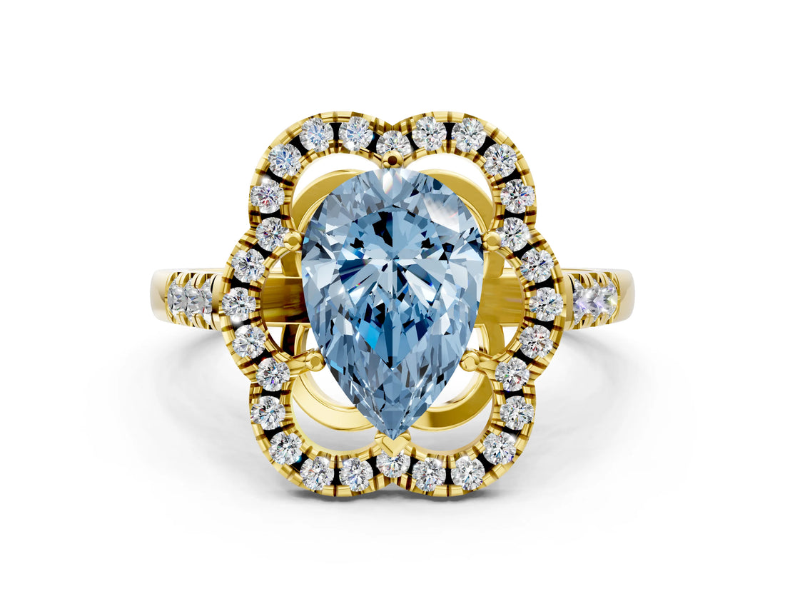Yellow gold Fancy Blue Pear Cut Diamond Floral Halo Split Shank Prong Setting Ring