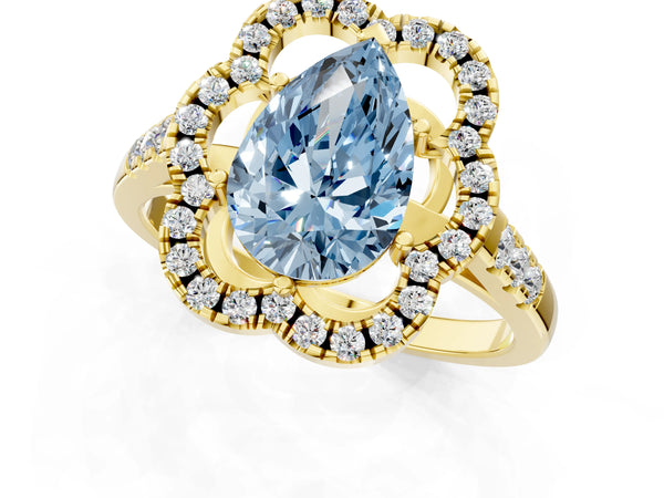 Yellow gold Fancy Blue Pear Cut Diamond Floral Halo Split Shank Prong Setting Ring
