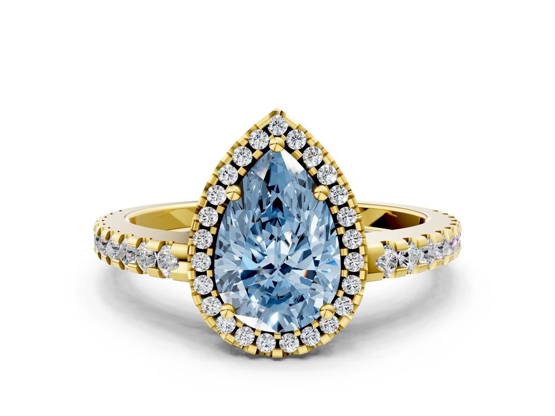 Yellow gold Fancy Blue Pear Cut Diamond Halo Engagement Ring with Pavé Band and Prong Setting_27