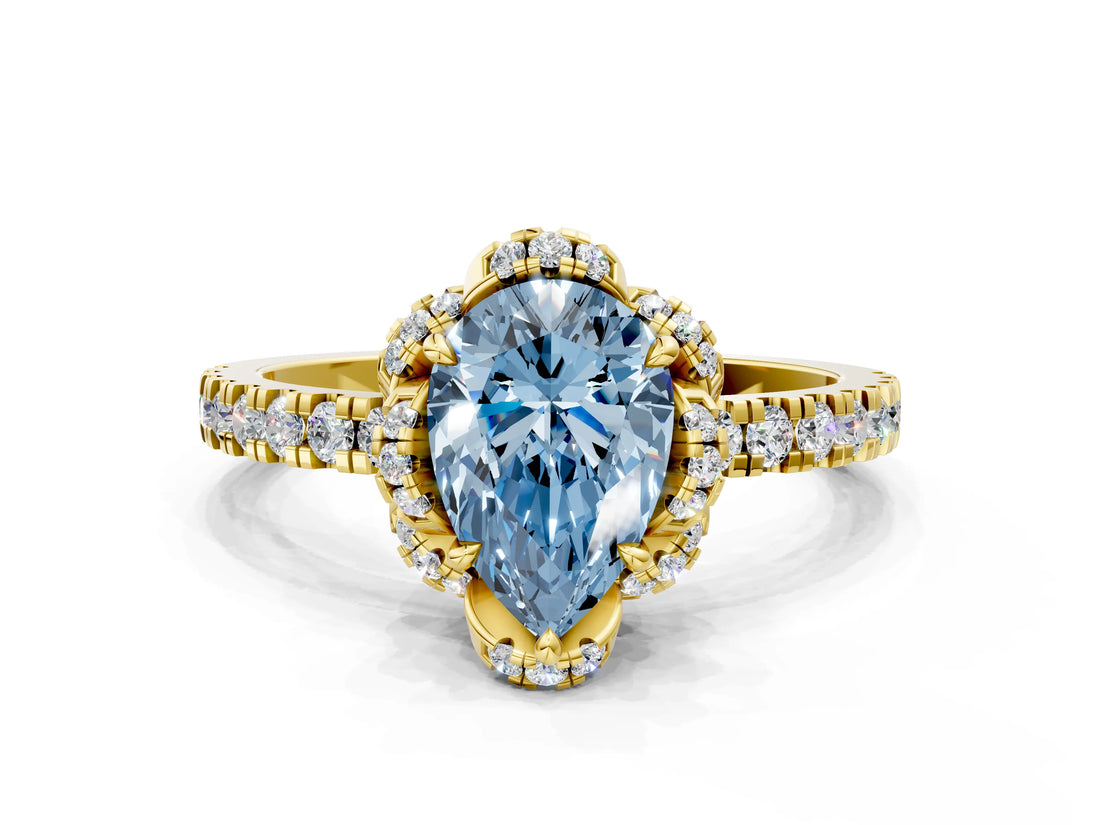 Yellow gold Fancy Blue Pear Cut Diamond Halo Pave Band with Four-Prong Setting_3