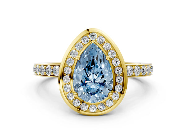 Yellow gold Fancy Blue Pear Cut Diamond Halo Ring with Bezel Frame and Pavé Band