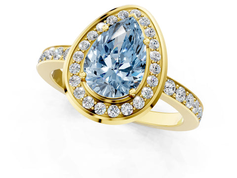 Yellow gold Fancy Blue Pear Cut Diamond Halo Ring with Bezel Frame and Pavé Band_1