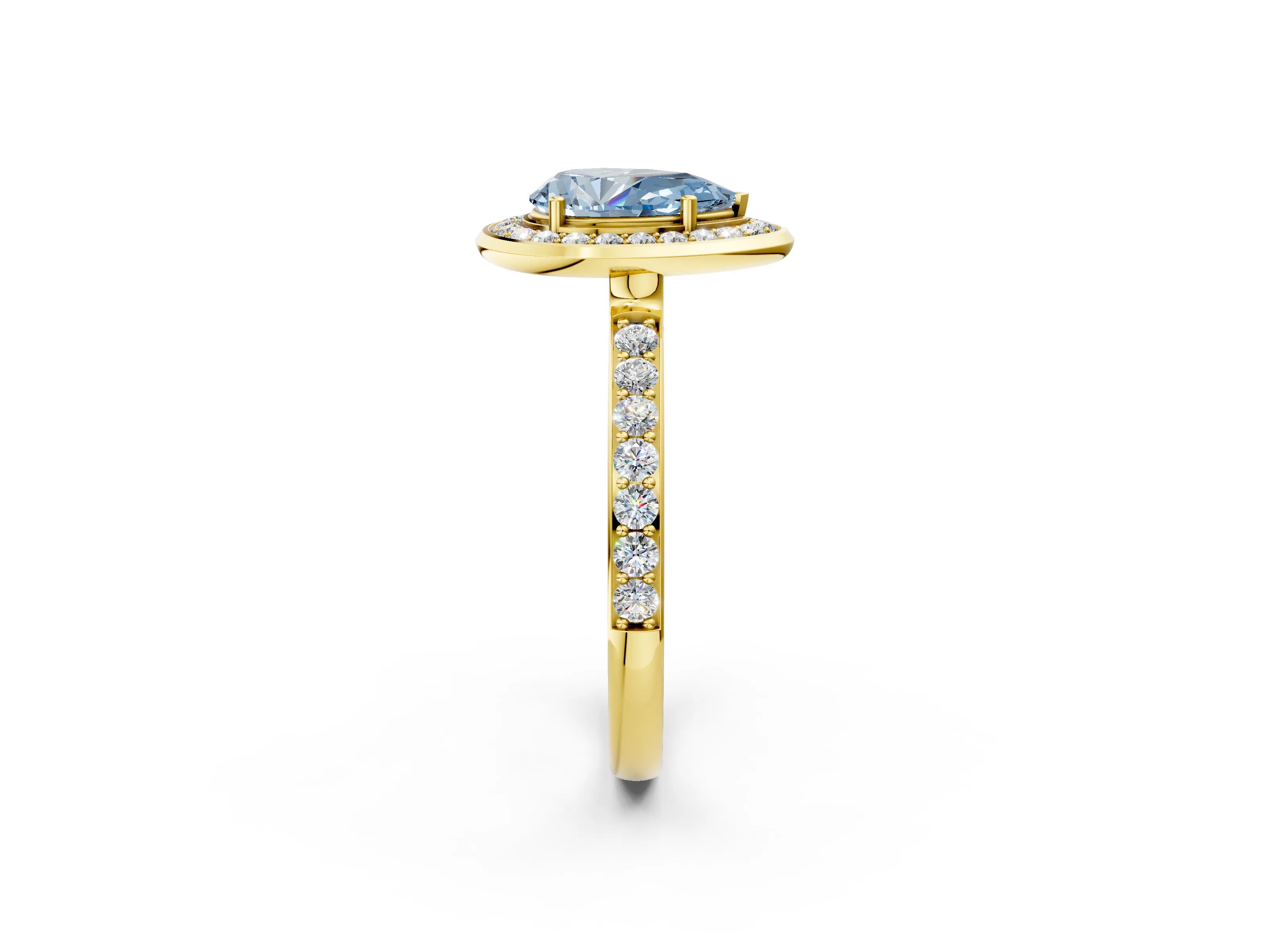 Yellow gold Fancy Blue Pear Cut Diamond Halo Ring with Bezel Frame and Pavé Band_2