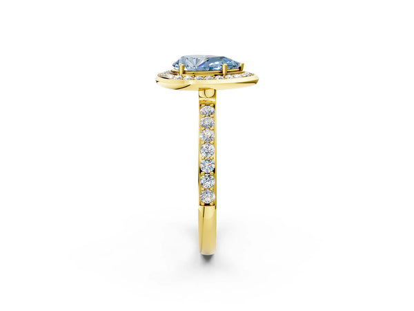 Yellow gold Fancy Blue Pear Cut Diamond Halo Ring with Bezel Frame and Pavé Band
