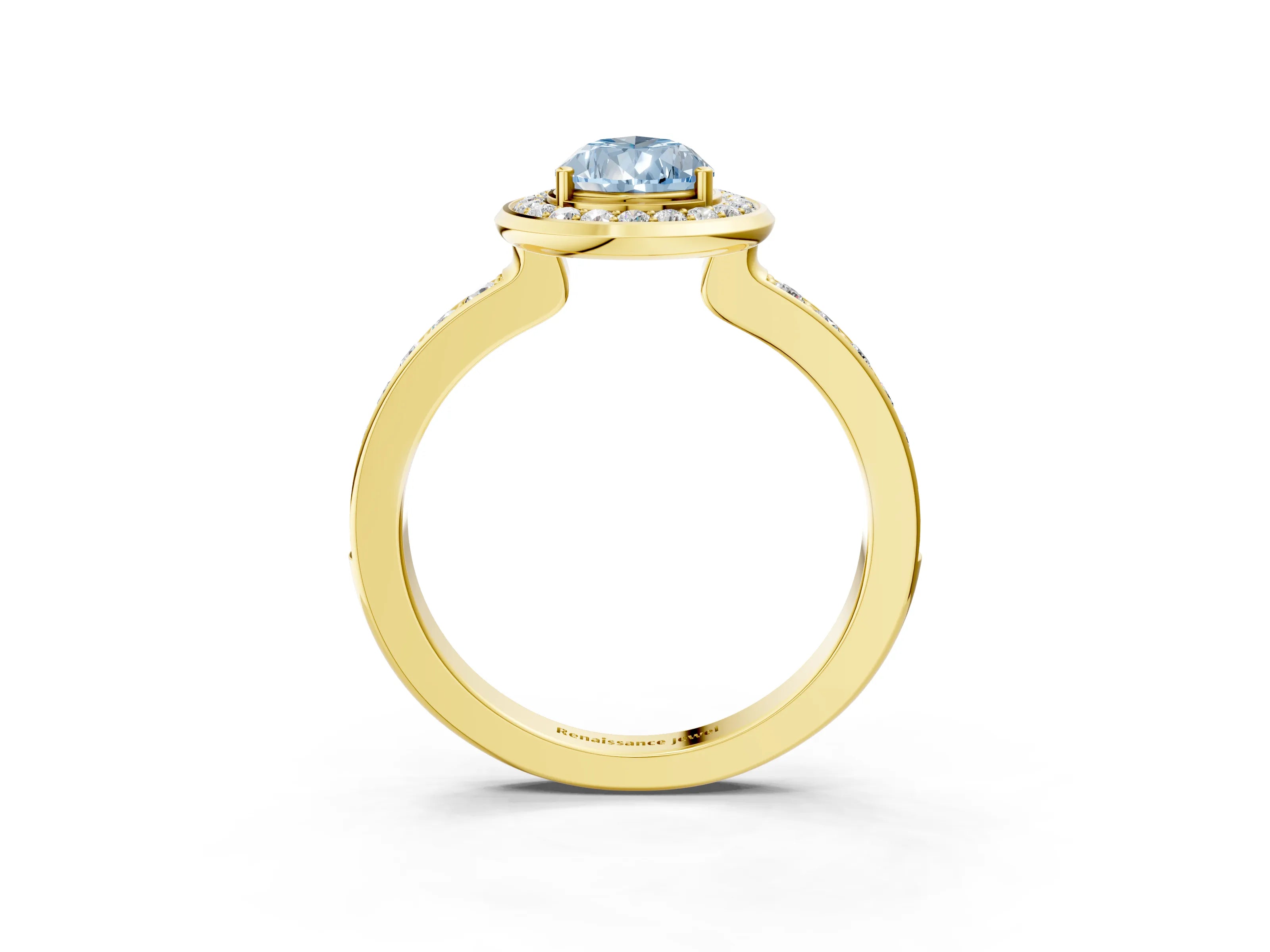 Yellow gold Fancy Blue Pear Cut Diamond Halo Ring with Bezel Frame and Pavé Band_3