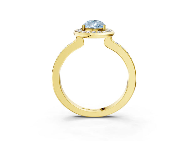 Yellow gold Fancy Blue Pear Cut Diamond Halo Ring with Bezel Frame and Pavé Band