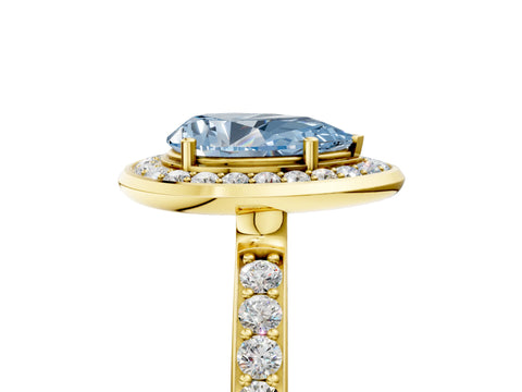 Yellow gold Fancy Blue Pear Cut Diamond Halo Ring with Bezel Frame and Pavé Band_5