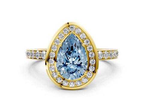 Yellow gold Fancy Blue Pear Cut Diamond Halo Ring with Bezel Frame and Pavé Band