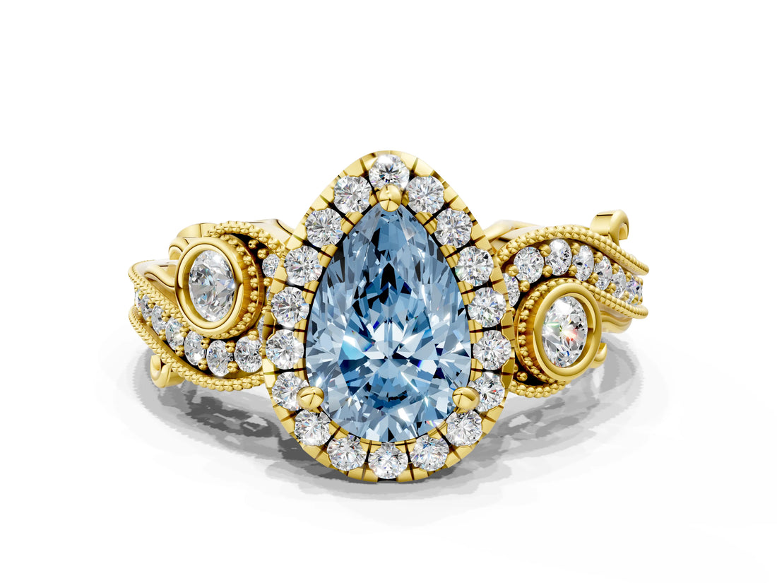 Yellow gold Fancy Blue Pear Cut Diamond Halo Ring with Milgrain Pavé Band and Four-Prong Setting_54