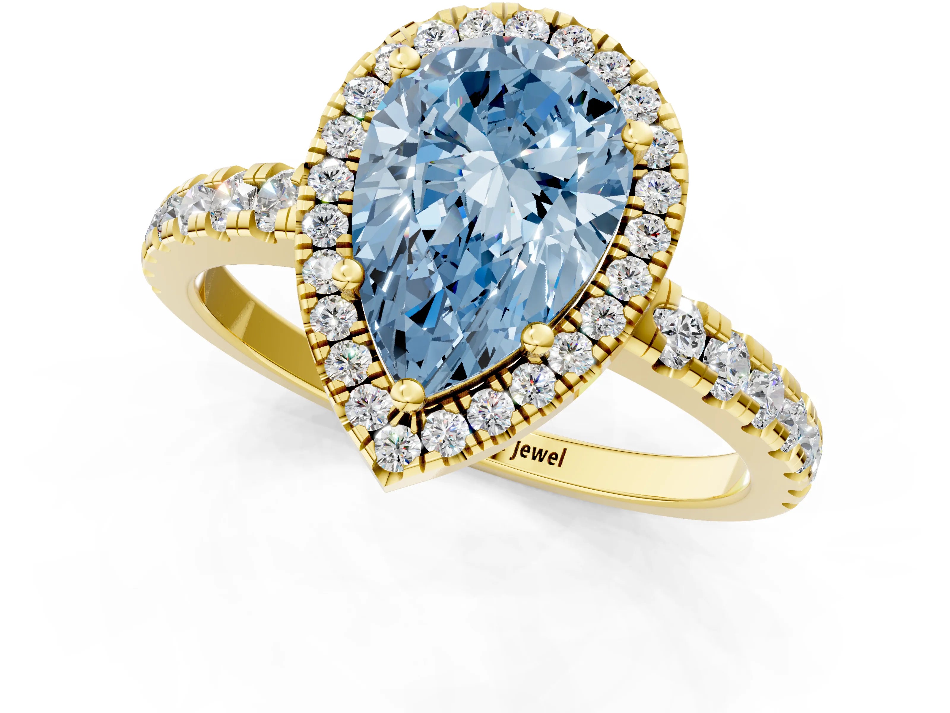 Yellow gold Fancy Blue Pear Cut Diamond Halo Ring with Pavé Band and Four-Prong Setting_1