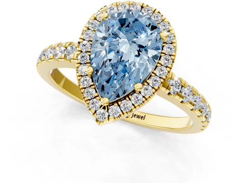 Yellow gold Fancy Blue Pear Cut Diamond Halo Ring with Pavé Band and Four-Prong Setting_1