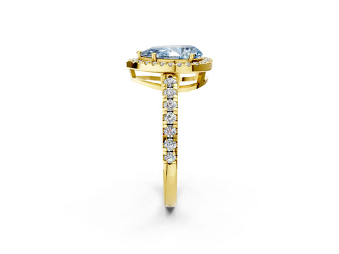 Yellow gold Fancy Blue Pear Cut Diamond Halo Ring with Pavé Band and Four-Prong Setting_2
