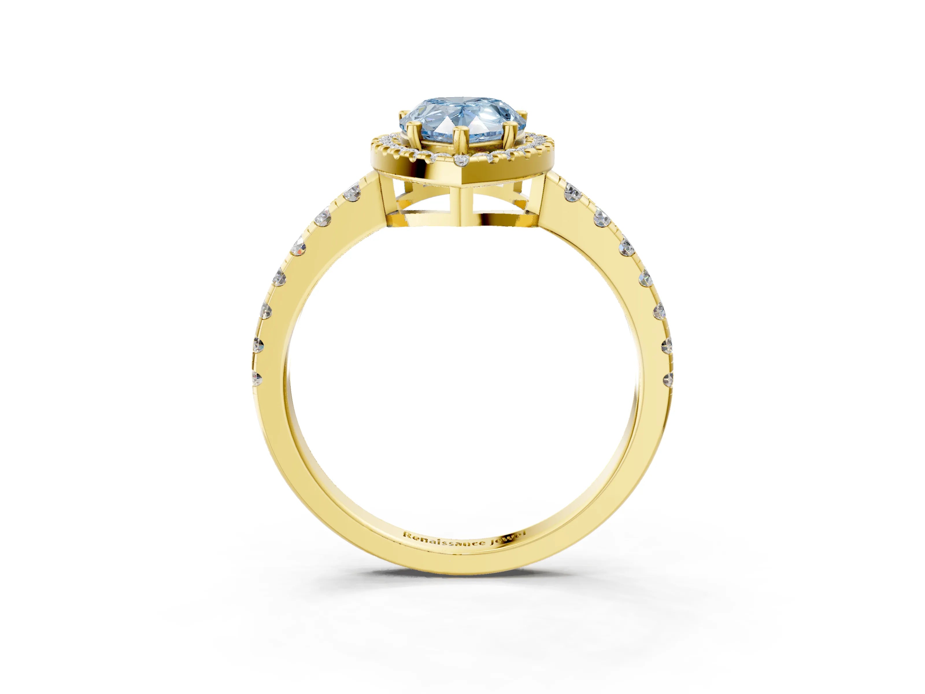 Yellow gold Fancy Blue Pear Cut Diamond Halo Ring with Pavé Band and Four-Prong Setting_3