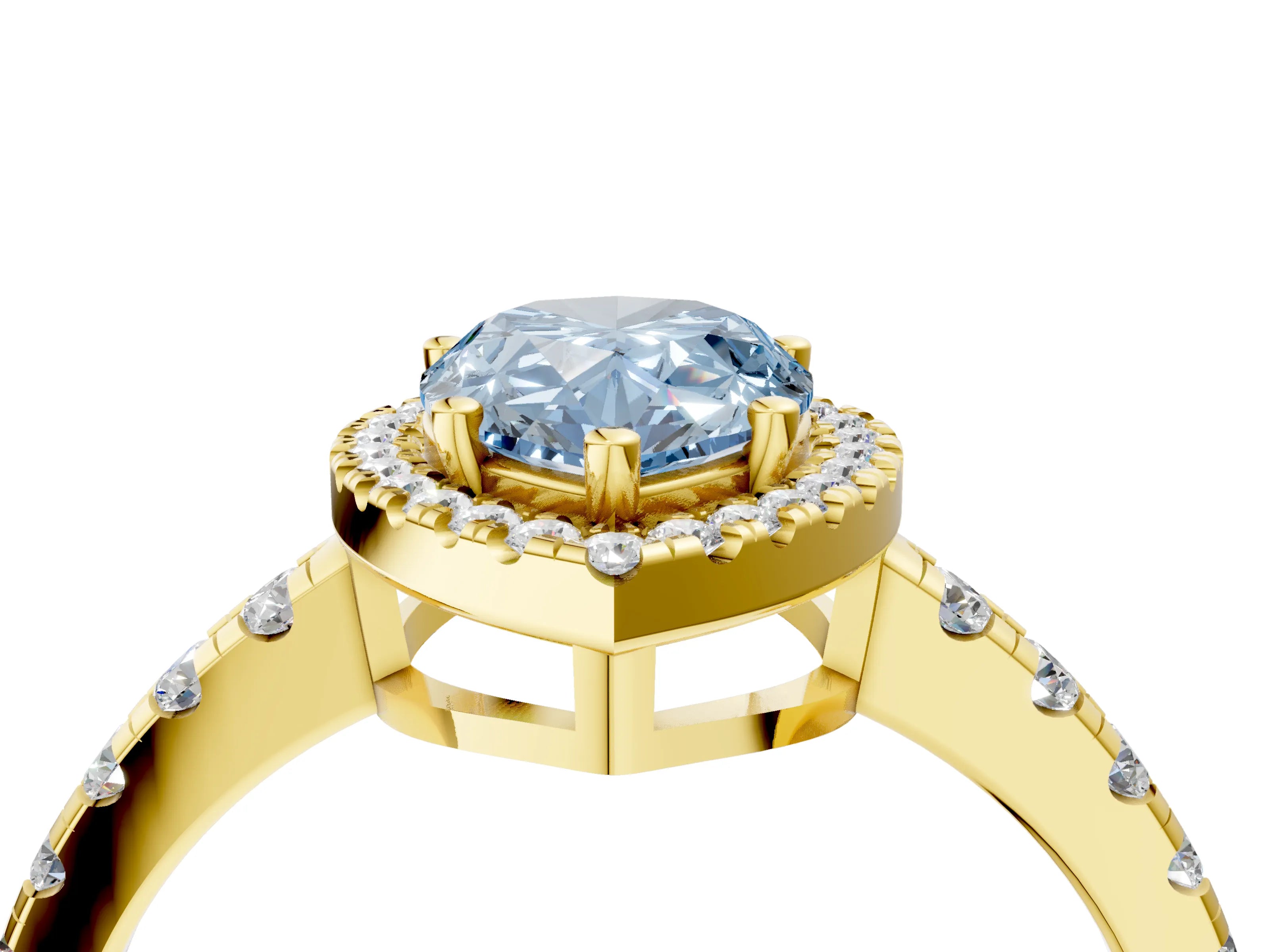 Yellow gold Fancy Blue Pear Cut Diamond Halo Ring with Pavé Band and Four-Prong Setting_4