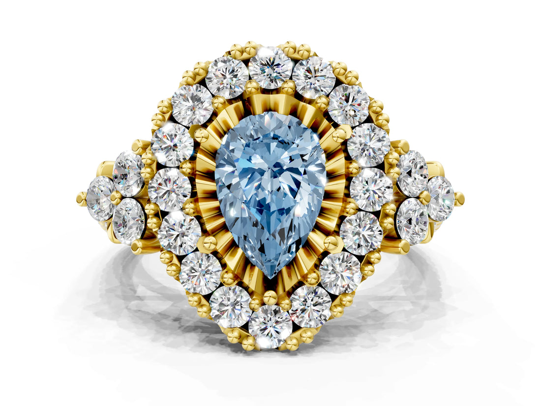 Yellow gold Fancy Blue Pear Cut Diamond Halo Ring with Pavé Band and Four-Prong Setting_49