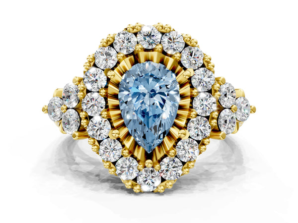 Yellow gold Fancy Blue Pear Cut Diamond Halo Ring with Pavé Band and Four-Prong Setting