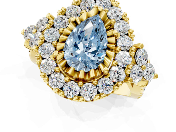 Yellow gold Fancy Blue Pear Cut Diamond Halo Ring with Pavé Band and Four-Prong Setting