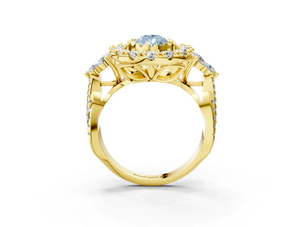 Yellow gold Fancy Blue Pear Cut Diamond Halo Ring with Pavé Band and Four-Prong Setting