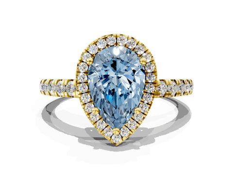 Yellow gold Fancy Blue Pear Cut Diamond Halo Ring with Pavé Band and Four-Prong Setting