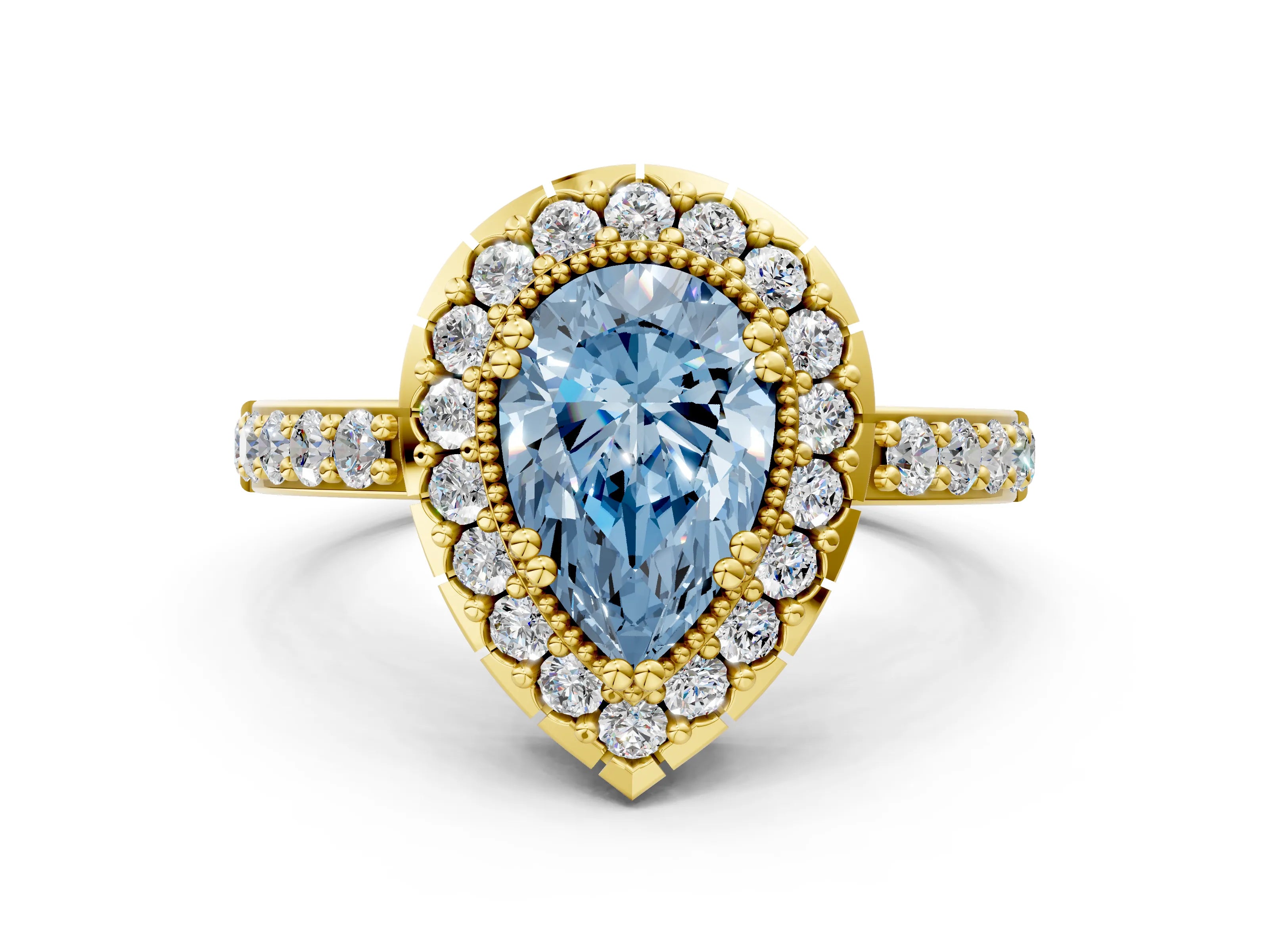 Yellow gold Fancy Blue Pear Cut Diamond Halo Ring with Pavé Band and Prong Setting