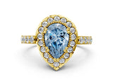 Yellow gold Fancy Blue Pear Cut Diamond Halo Ring with Pavé Band and Prong Setting