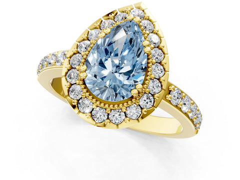 Yellow gold Fancy Blue Pear Cut Diamond Halo Ring with Pavé Band and Prong Setting_1