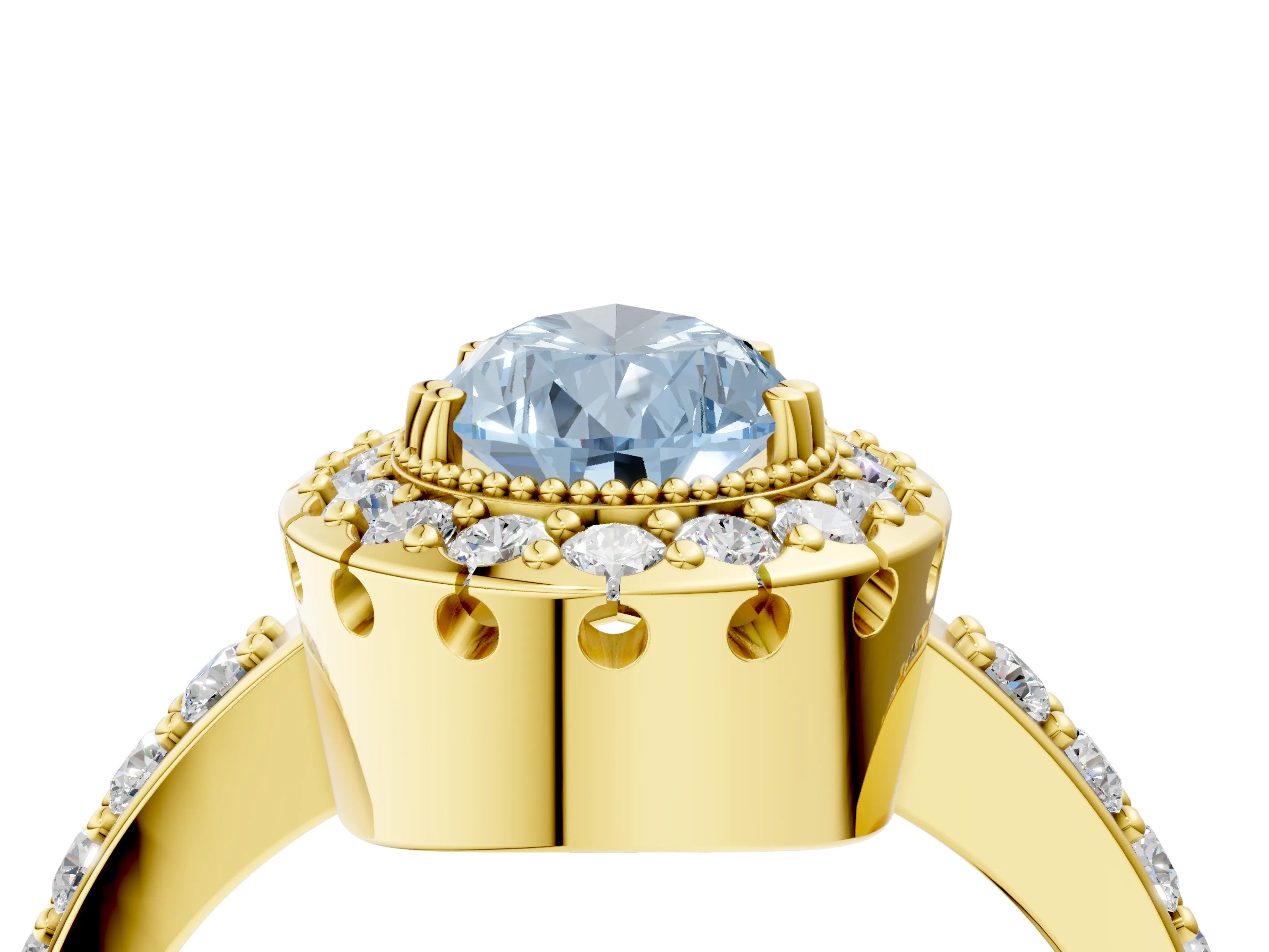 Yellow gold Fancy Blue Pear Cut Diamond Halo Ring with Pavé Band and Prong Setting_4