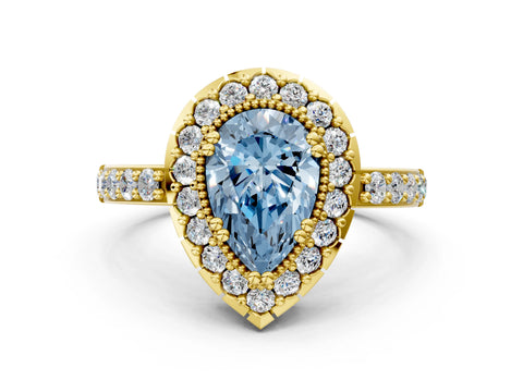 Yellow gold Fancy Blue Pear Cut Diamond Halo Ring with Pavé Band and Prong Setting