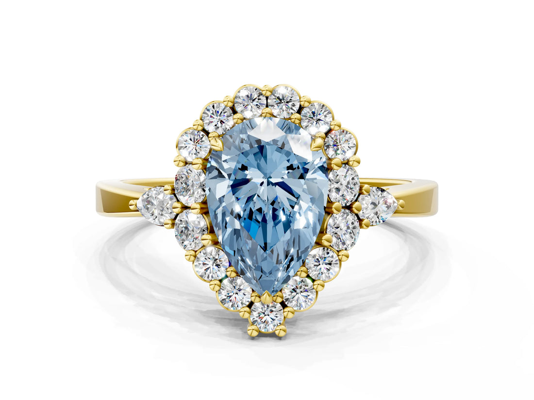 Yellow gold Fancy Blue Pear Cut Diamond Halo Ring with Pear Side Stones and Prong Setting_63