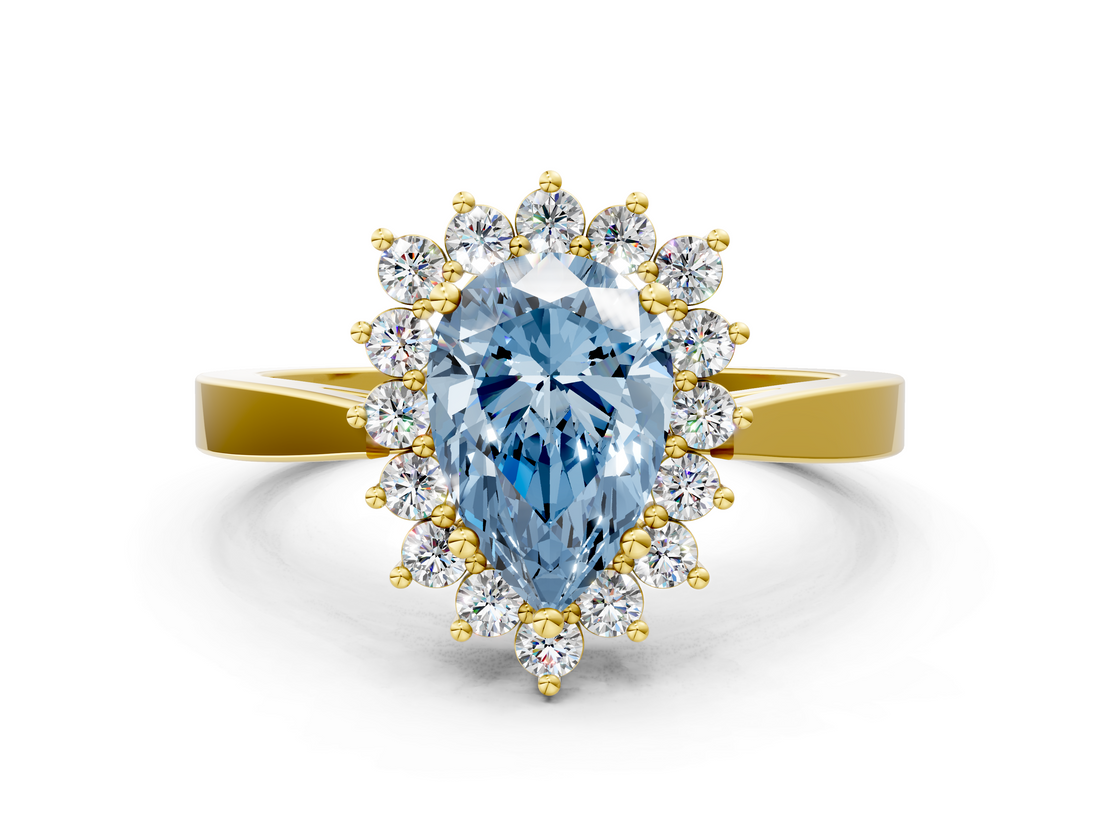 Yellow gold Fancy Blue Pear  Cut Diamond Halo Ring with Round Brilliant Halo and Solitaire Band_85