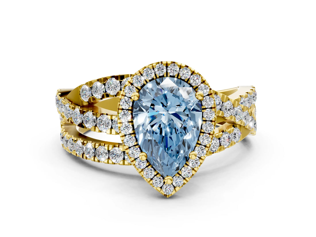 Yellow gold Fancy Blue Pear Cut Diamond Halo Ring with Round Split Shank and Prong Setting_36