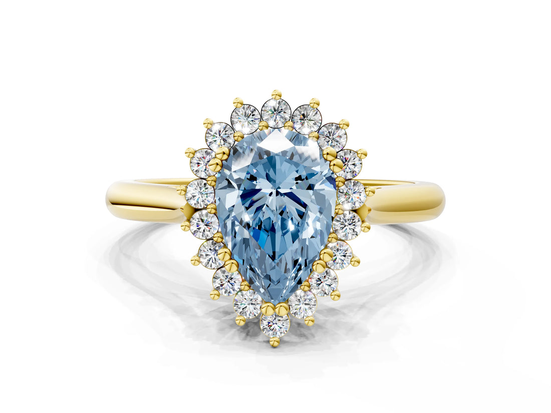 Yellow gold Fancy Blue Pear  Cut Diamond Halo Ring with Solitaire Band and Prong Setting_53
