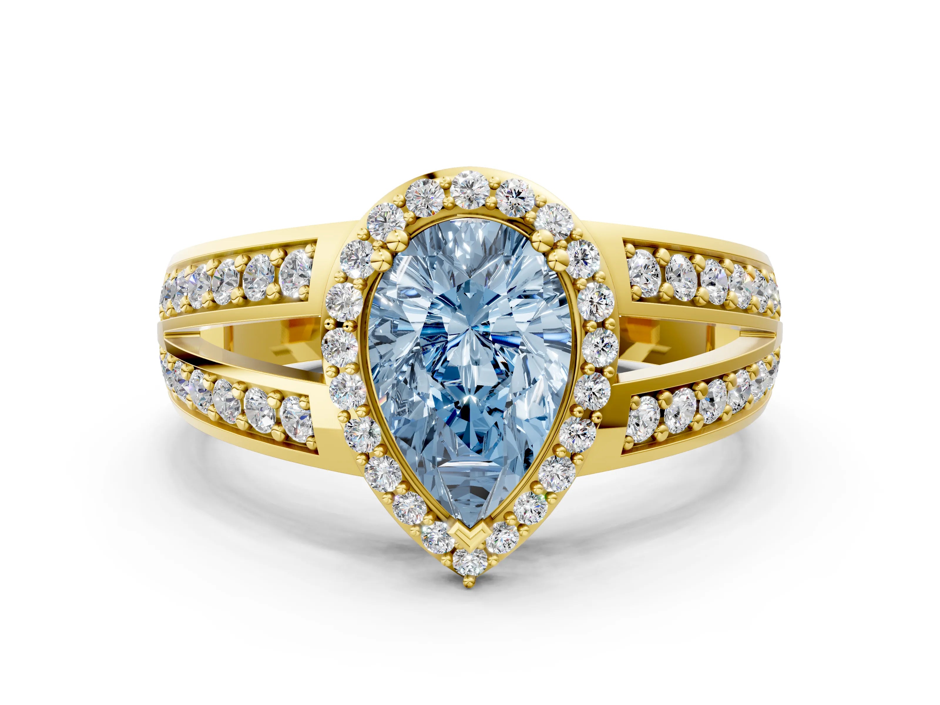 Yellow gold Fancy Blue Pear Cut Diamond Halo Ring with Split Shank Pavé Band and Four-Prong Setting