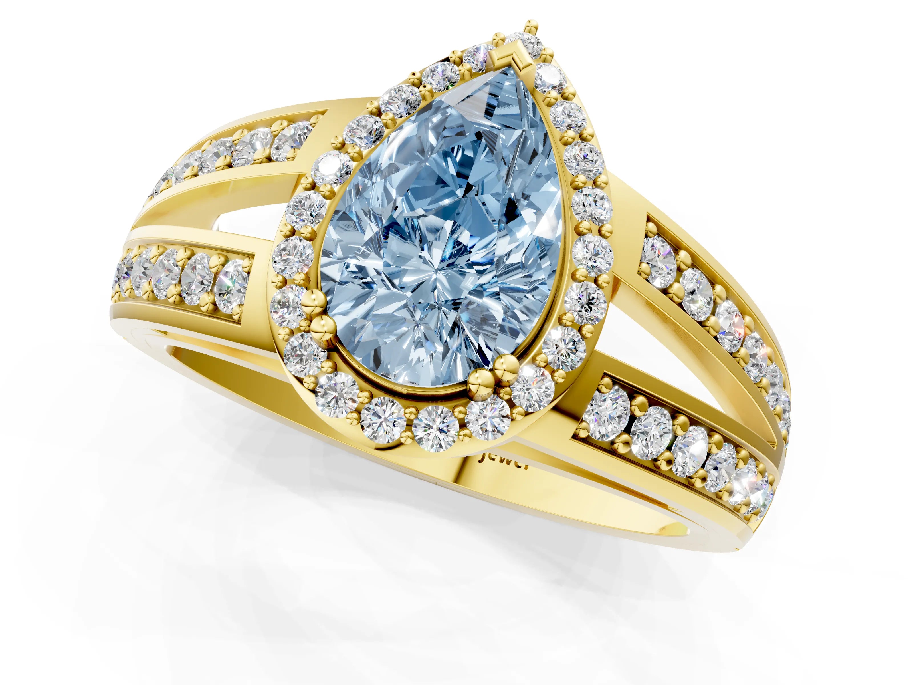 Yellow gold Fancy Blue Pear Cut Diamond Halo Ring with Split Shank Pavé Band and Four-Prong Setting_1