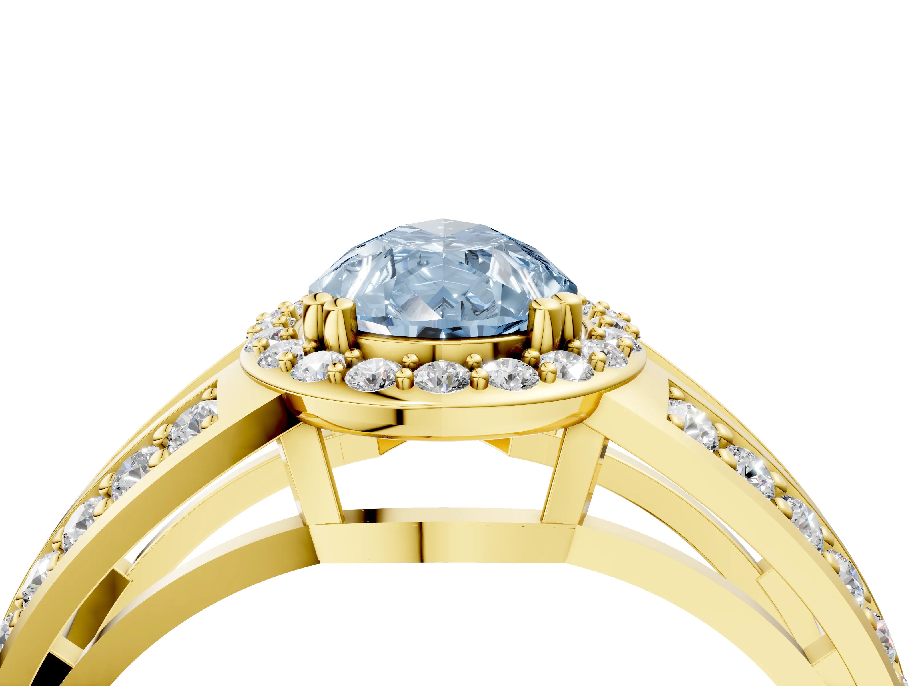 Yellow gold Fancy Blue Pear Cut Diamond Halo Ring with Split Shank Pavé Band and Four-Prong Setting_4