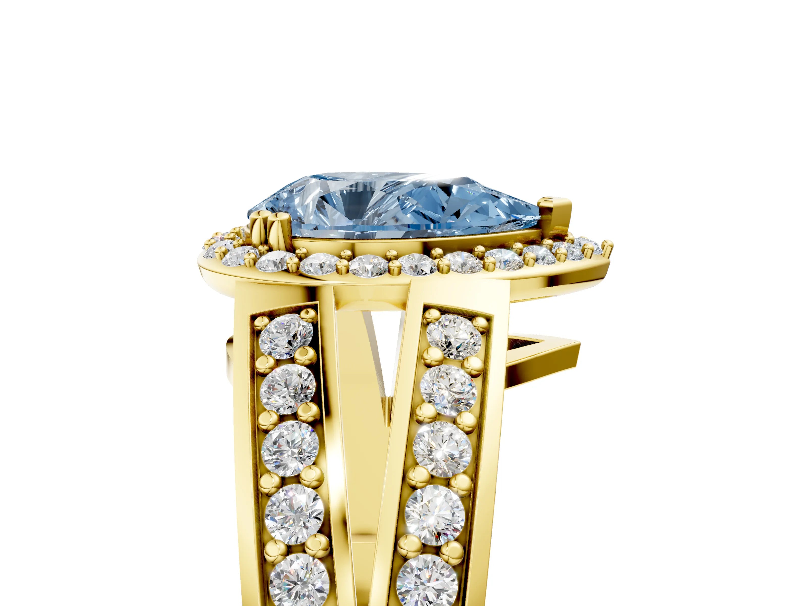 Yellow gold Fancy Blue Pear Cut Diamond Halo Ring with Split Shank Pavé Band and Four-Prong Setting_5