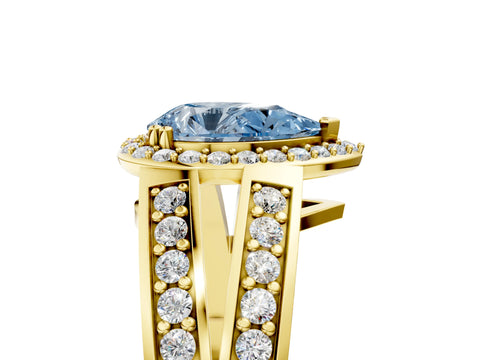 Yellow gold Fancy Blue Pear Cut Diamond Halo Ring with Split Shank Pavé Band and Four-Prong Setting_5