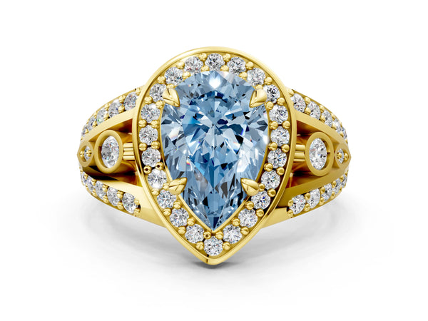 Yellow gold Fancy Blue Pear Cut Diamond Halo Ring with Split Shank and Bezel Accents and Four-Prong Setting
