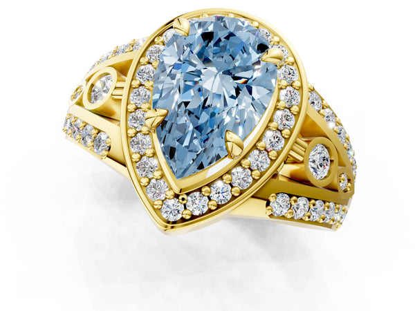 Yellow gold Fancy Blue Pear Cut Diamond Halo Ring with Split Shank and Bezel Accents and Four-Prong Setting