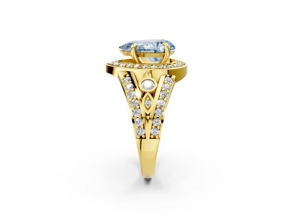 Yellow gold Fancy Blue Pear Cut Diamond Halo Ring with Split Shank and Bezel Accents and Four-Prong Setting