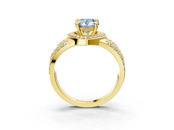 Yellow gold Fancy Blue Pear Cut Diamond Halo Ring with Split Shank and Bezel Accents and Four-Prong Setting