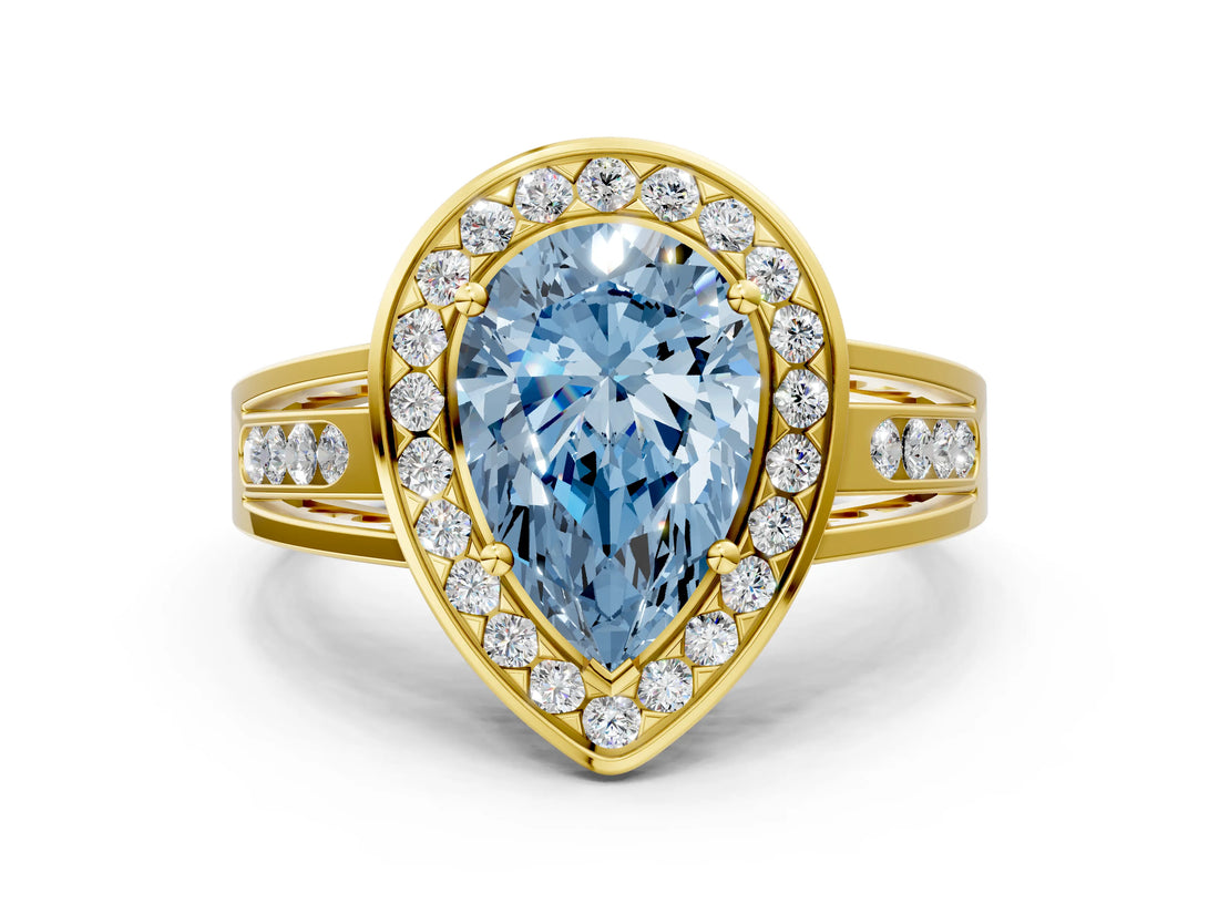 Yellow gold Fancy Blue Pear Cut Diamond Halo Ring with Split Shank and Bezel Accents and Prong Setting