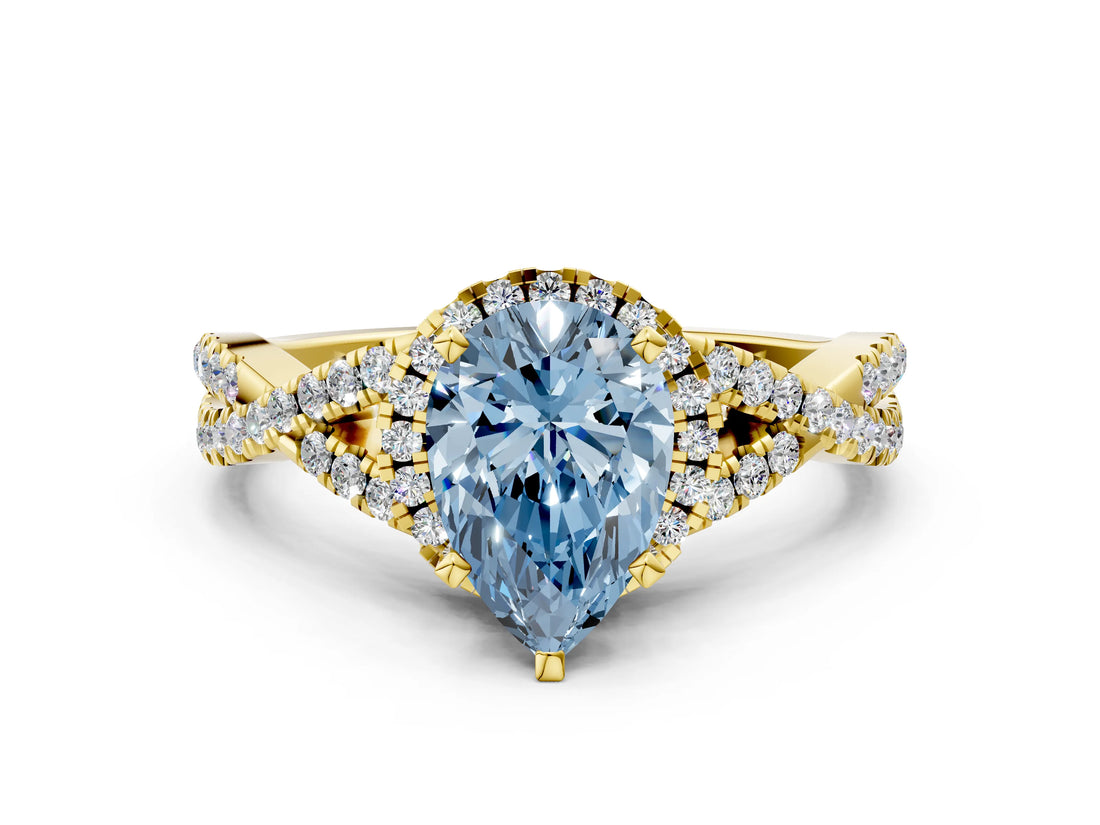 Yellow gold Fancy Blue Pear Cut Diamond  Halo Twist Band Solitaire Prong Setting Ring_36