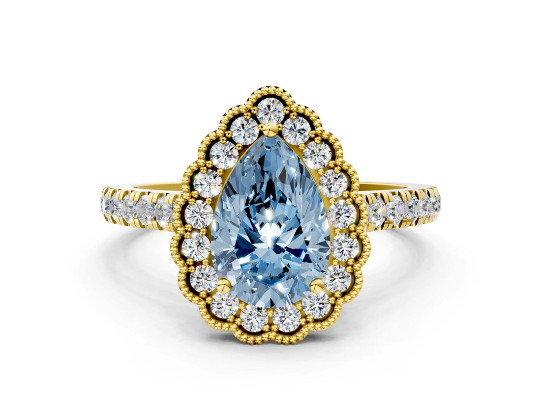 Yellow gold Fancy Blue Pear  Cut Diamond Milgrain Floral Halo Engagement Ring with Pavé Band_15