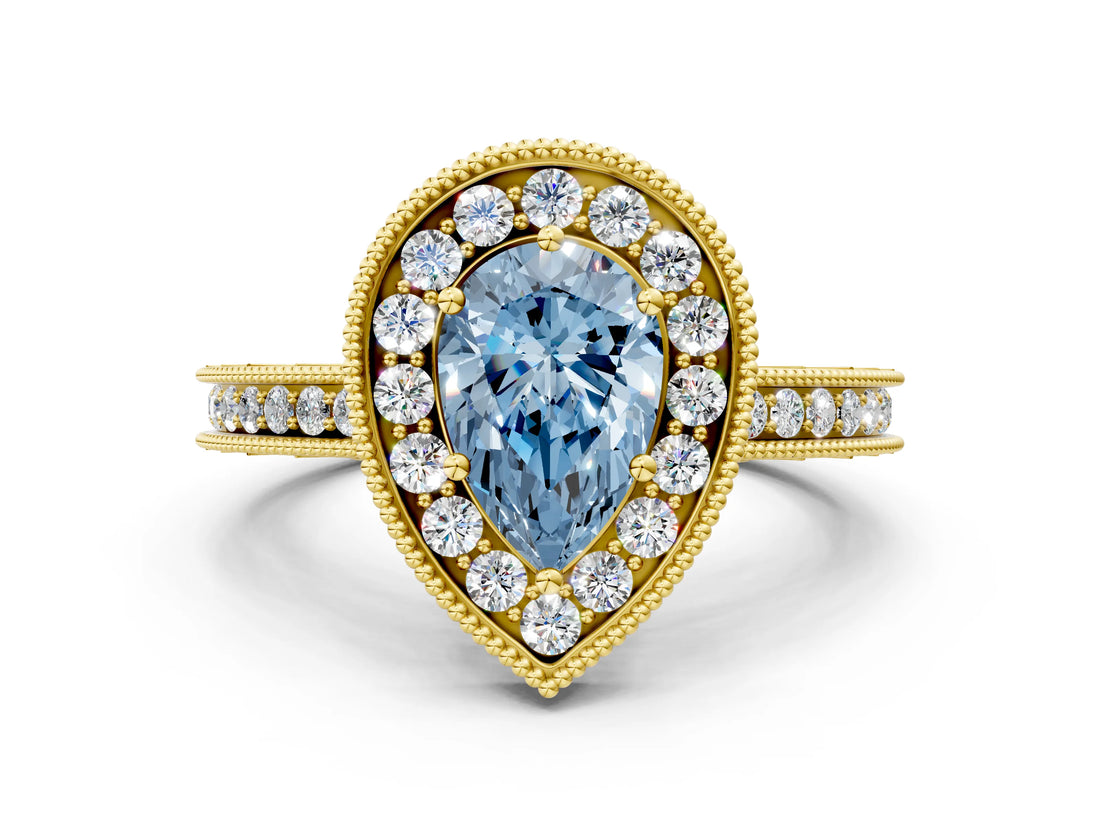 Yellow gold Fancy Blue Pear Cut Diamond Milgrain Halo Engagement Ring with Round Pavé Band and Prong Setting_12