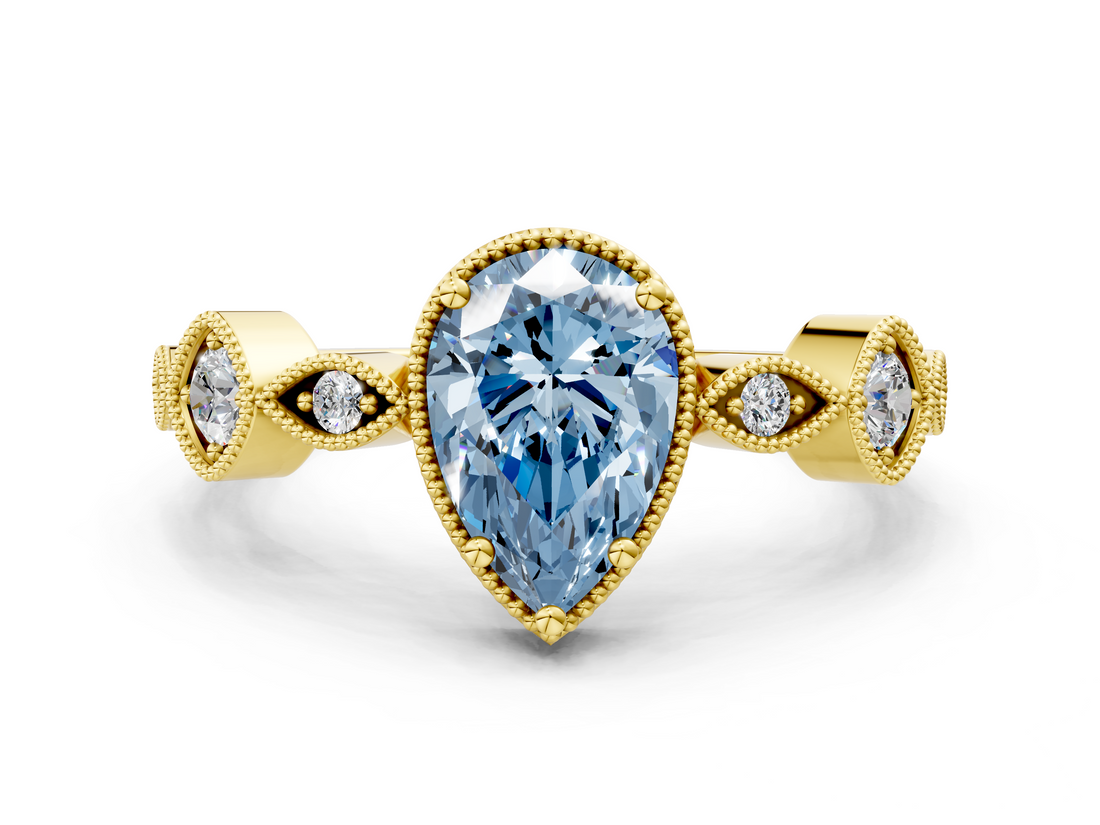 Yellow gold Fancy Blue Pear  Cut Diamond Milgrain Marquise Band with Prong Setting_3