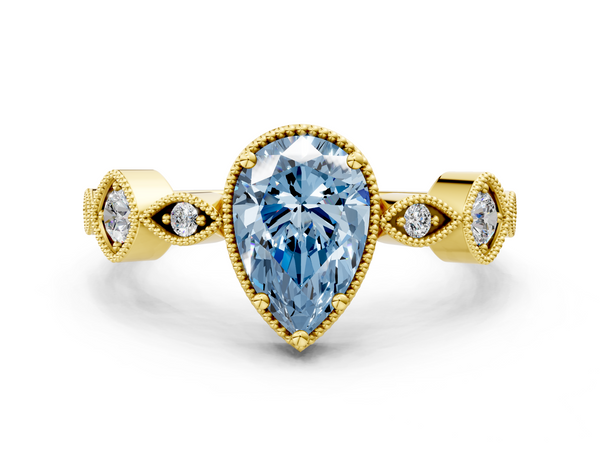 Yellow gold Fancy Blue Pear  Cut Diamond Milgrain Marquise Band with Prong Setting