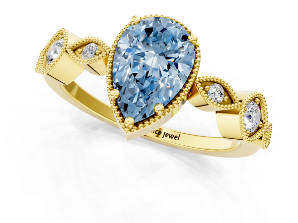 Yellow gold Fancy Blue Pear  Cut Diamond Milgrain Marquise Band with Prong Setting